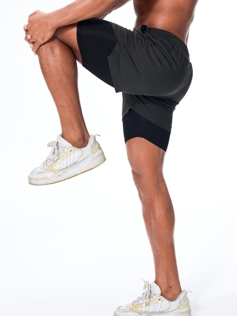 Surenow Men's Athletic Running Shorts Quick Dry Workout Shorts 2 in 1 Shorts 5" Gym Running Shorts for Men with Phone Pocket Grey - Image 3